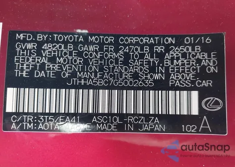 2016 Lexus Rc 200T z USA, uszkodzony, nr VIN JTHHA5BC7G5002635